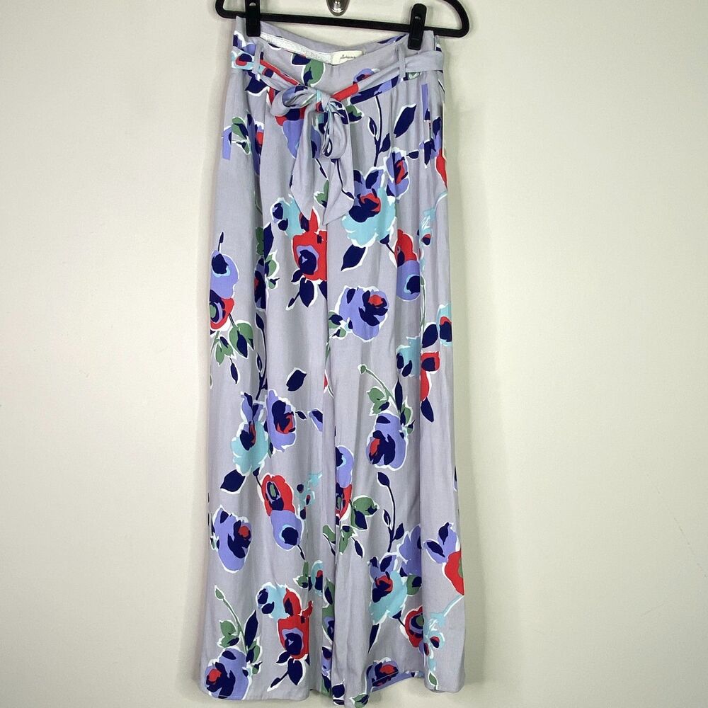 Anthropologie Lavender Wide-Leg Floral Jumpsuit Pants with Red & Blue Accents